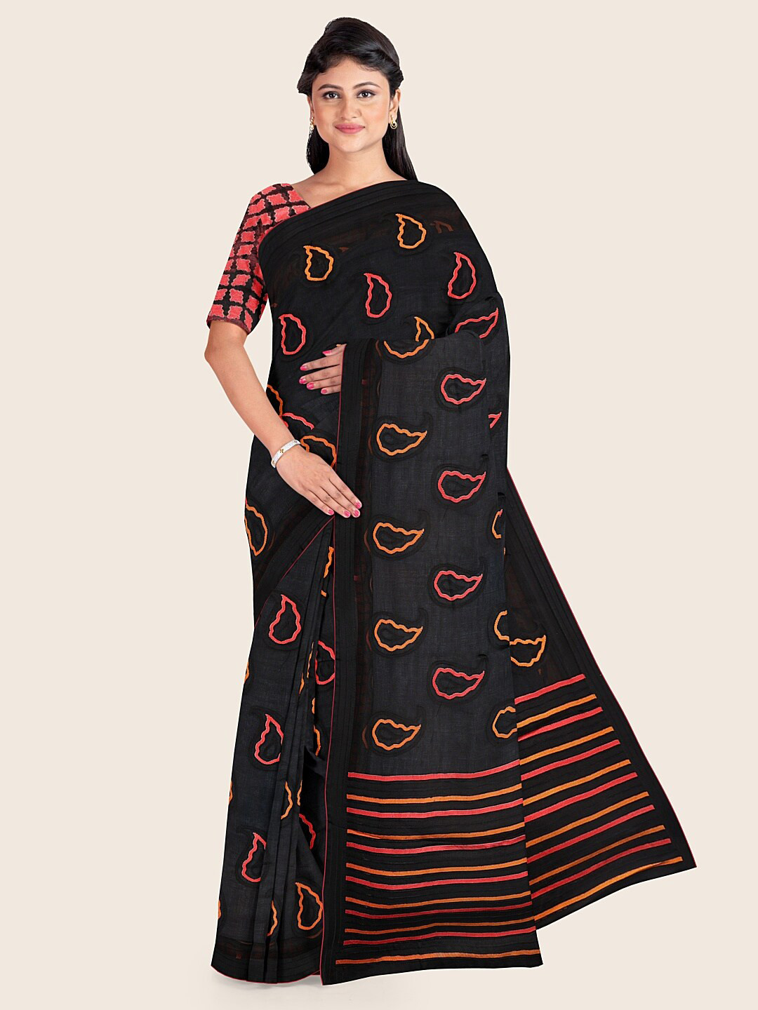 

Pothys Black & Orange Paisley Striped Tissue Saree