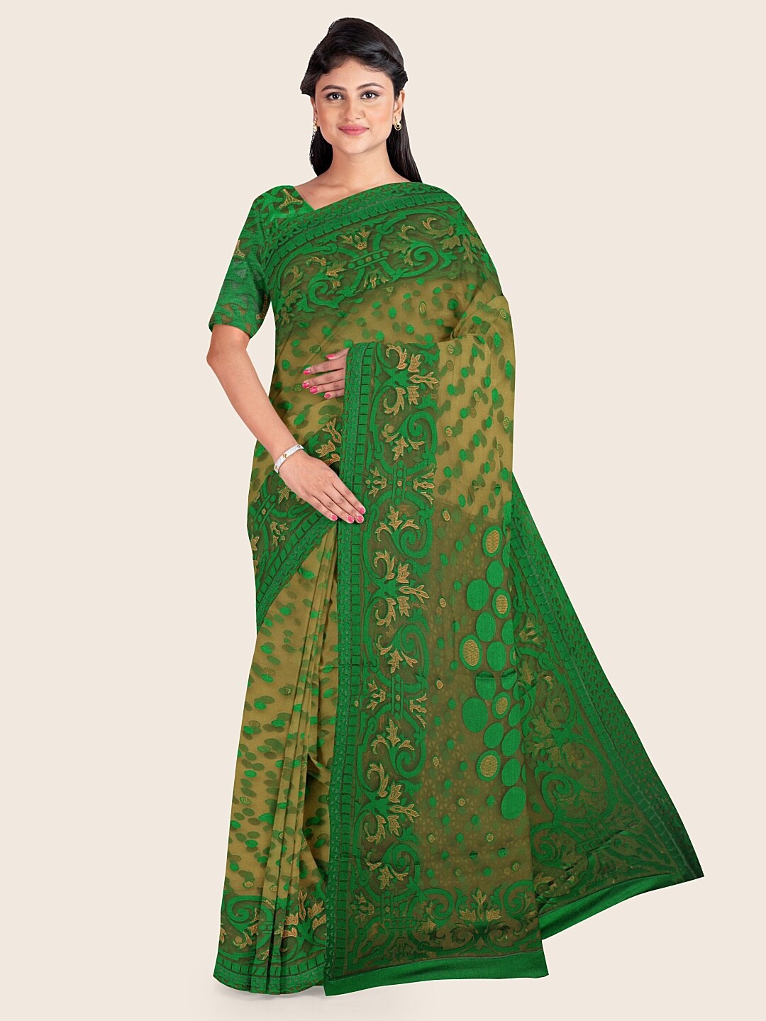 

Pothys Green & Gold Polka Dots Printed Tissue Saree