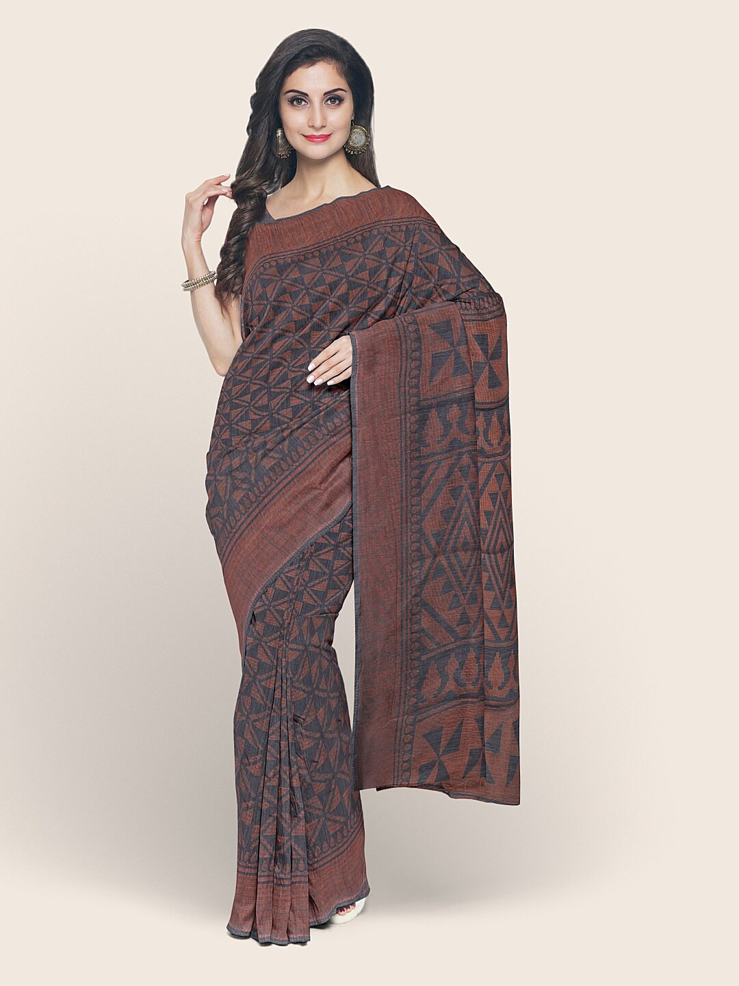 

Pothys Grey & Brown Cotton Blend Printed Saree