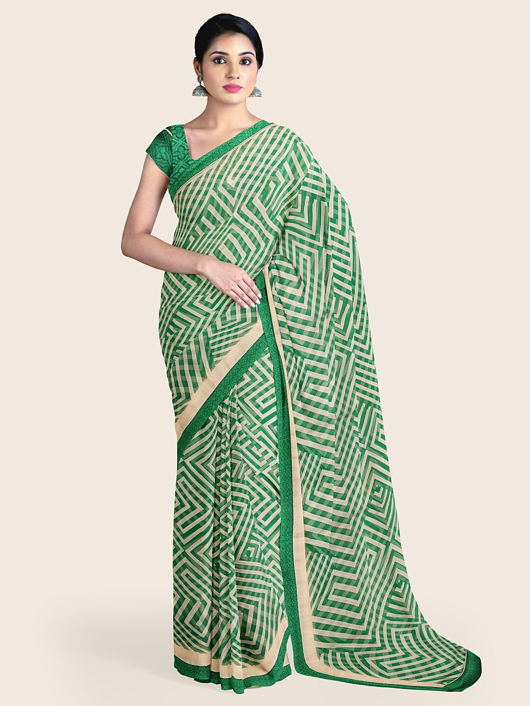 

Pothys Green & Off-White Abstract Printed Poly Chiffon Saree