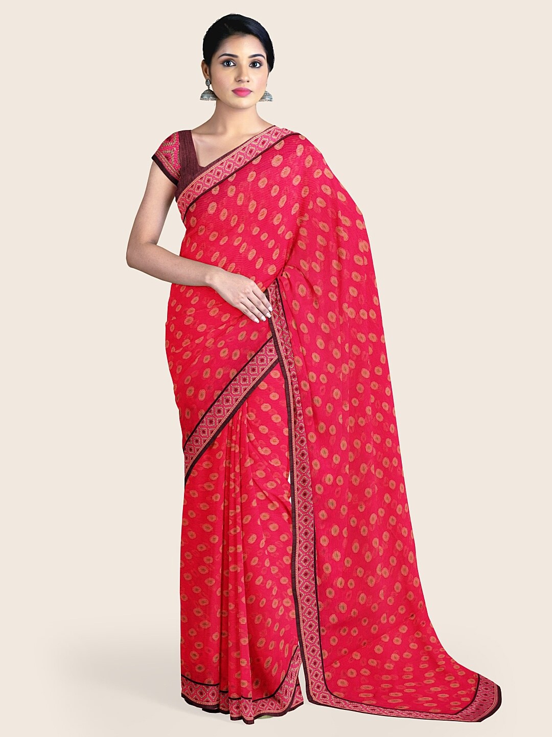 

Pothys Pink & Brown Ethnic Motifs Printed Saree