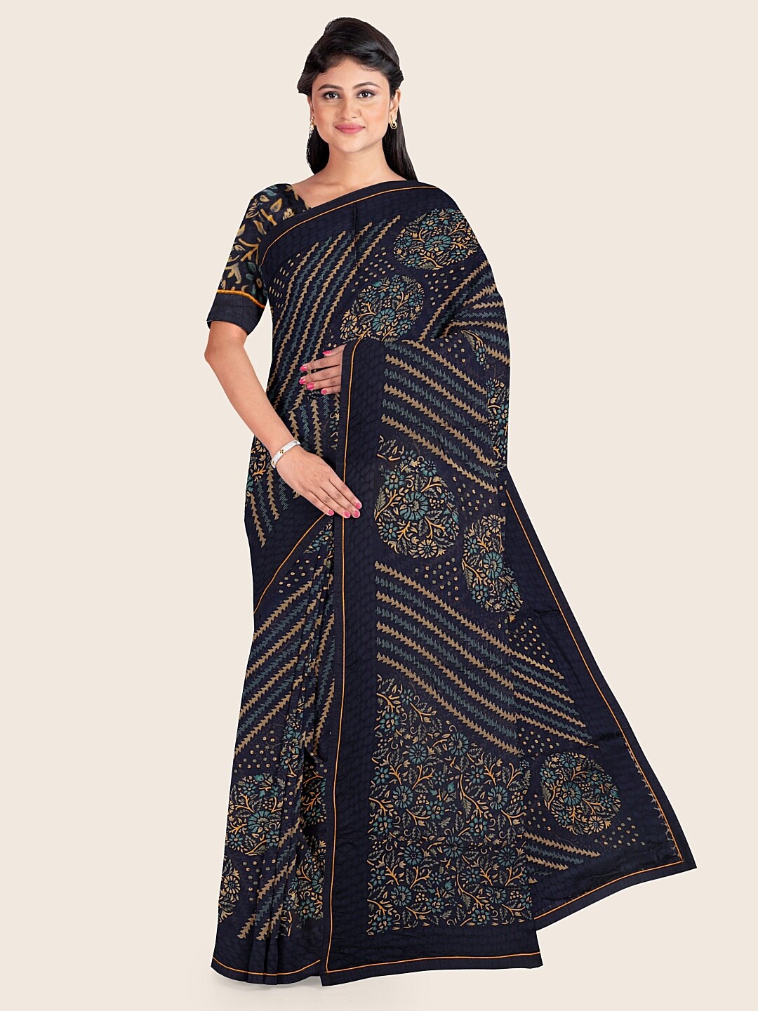 

Pothys Blue & Beige Abstract Printed Poly Chiffon Saree