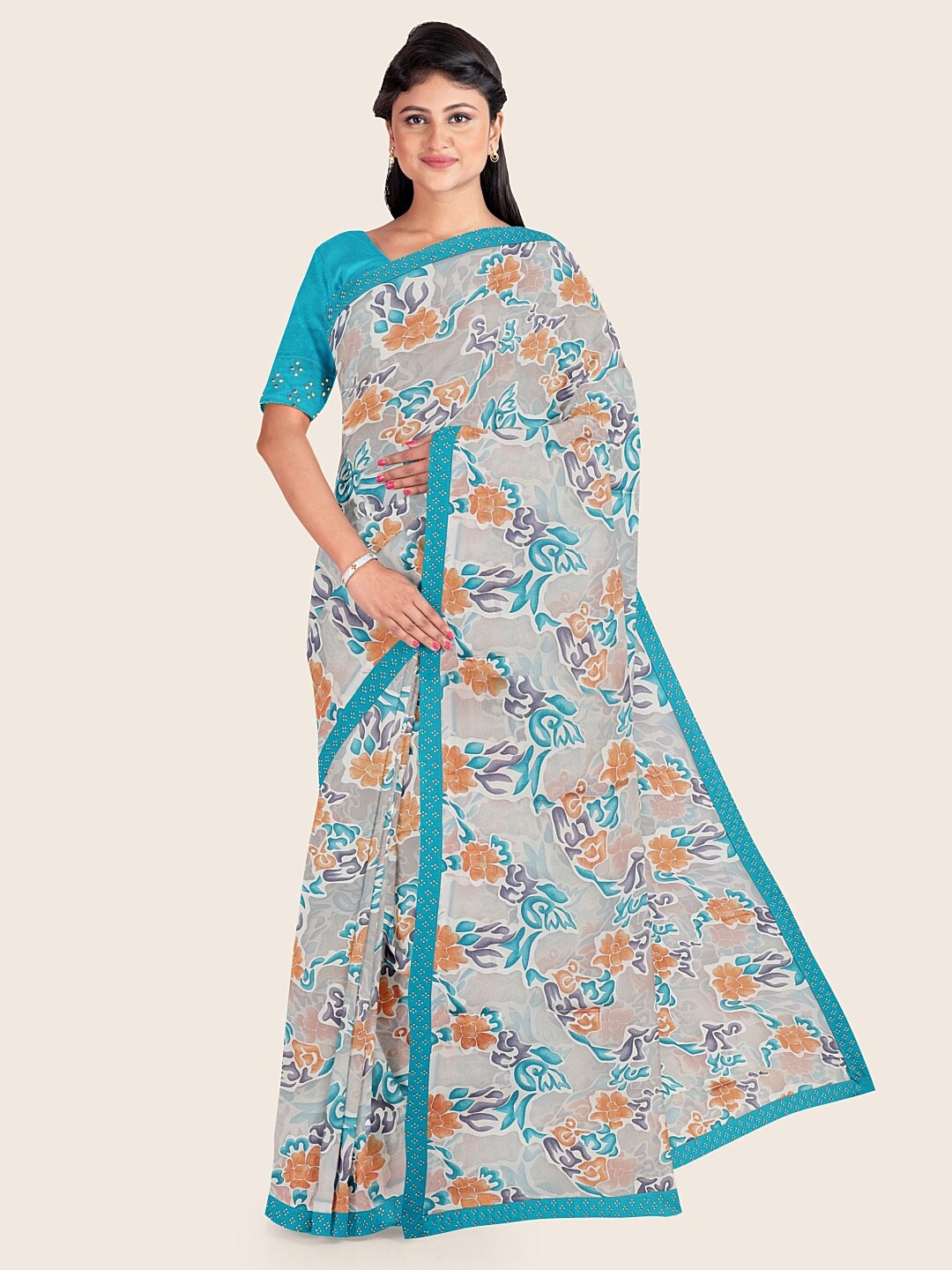 

Pothys White & Blue Floral Printed Chiffon Saree