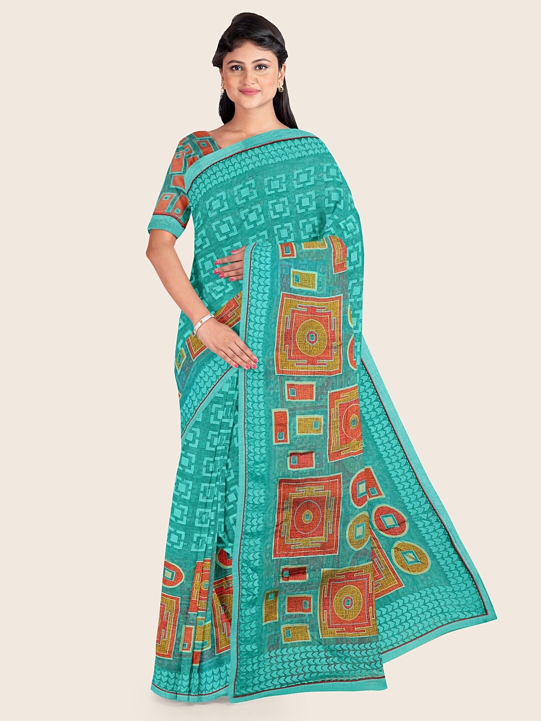 

Pothys Green & Orange Printed Poly Chiffon Saree