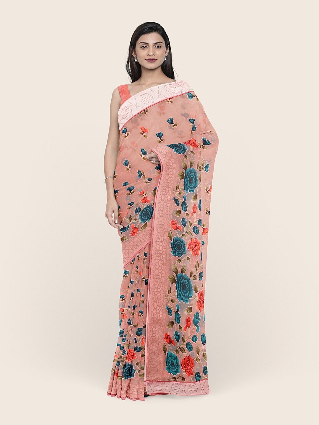 

Pothys Pink & Blue Floral Stones Embellished Poly Chiffon Saree