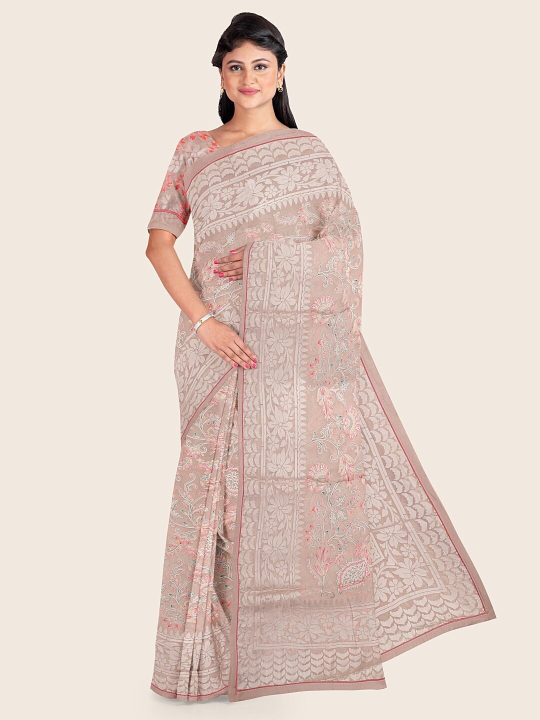 

Pothys Beige & Green Floral Printed Saree