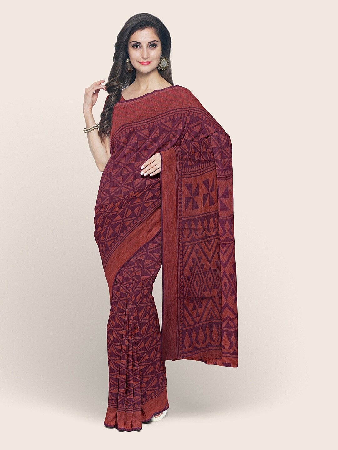 

Pothys Violet & Brown Printed Cotton Blend Saree