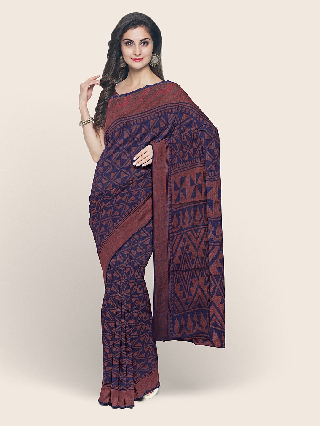 

Pothys Blue & Brown Geometric Printed Cotton Blend Saree