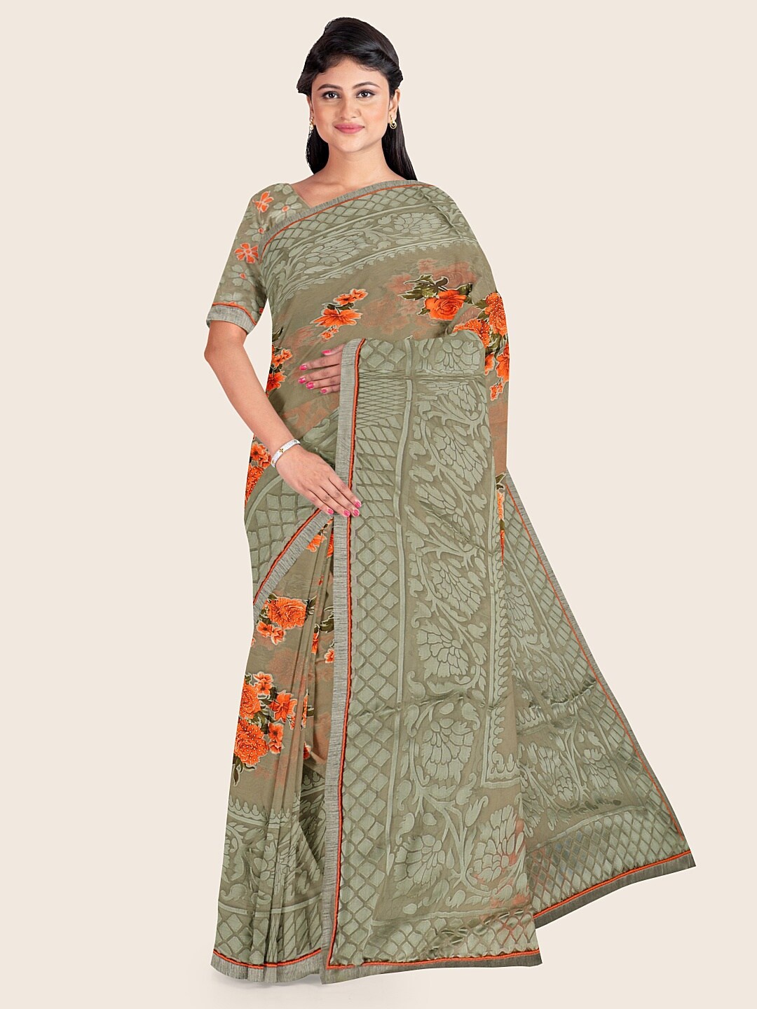 

Pothys Green & Orange Floral Printed Saree