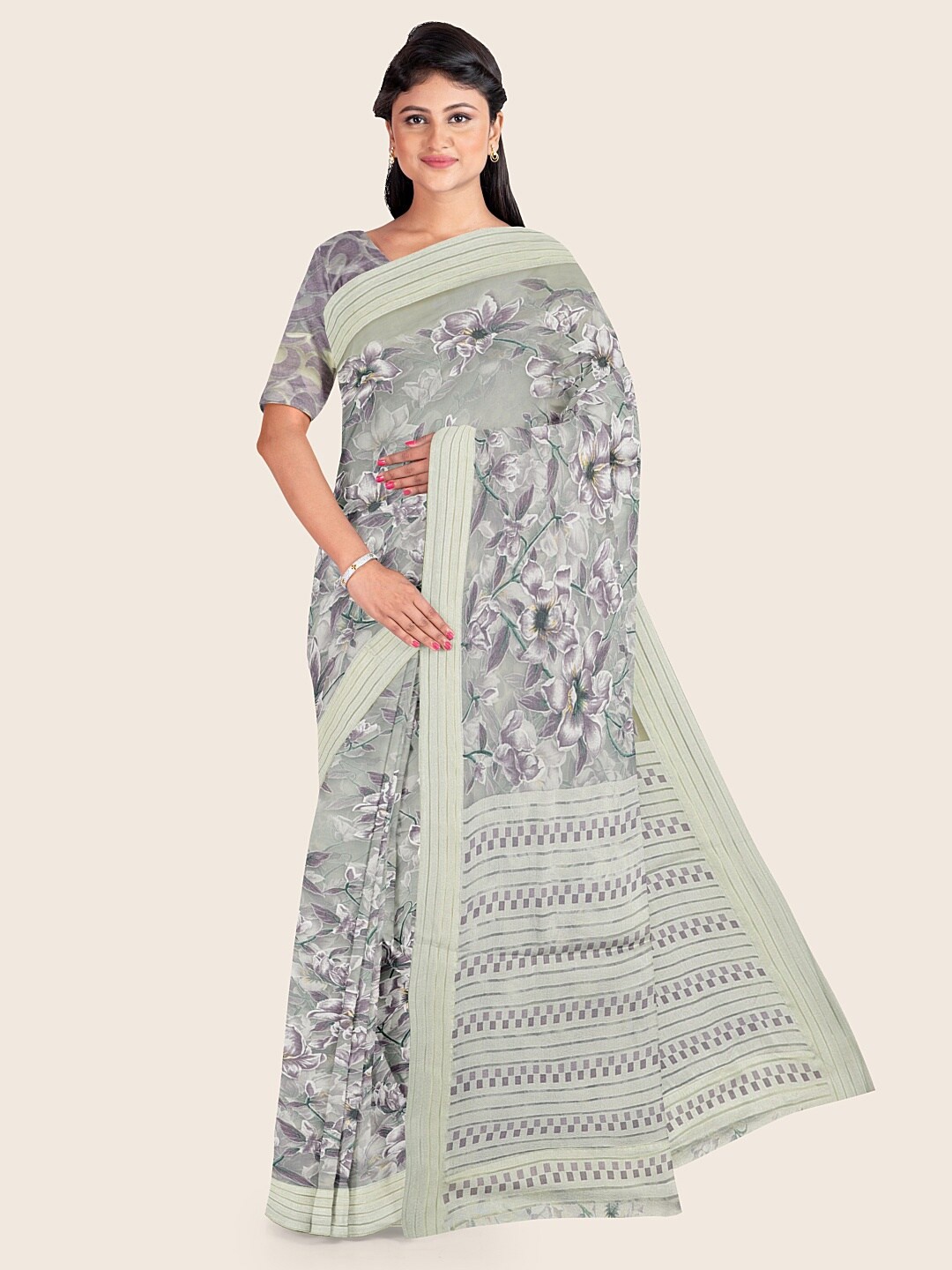 

Pothys Green & Grey Floral Tissue Saree