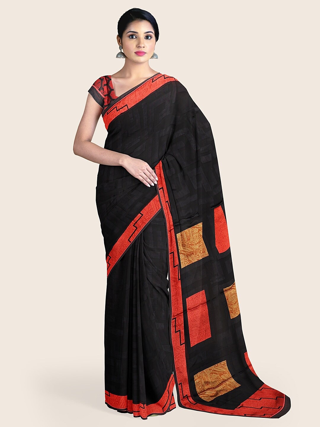 

Pothys Black & Red Geometric Printed Poly Chiffon Saree