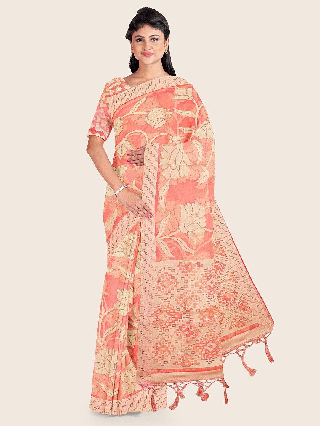 

Pothys Peach-Coloured & Cream-Coloured Floral Tissue Saree