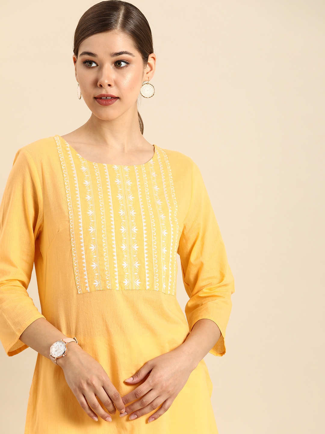 

Anouk Women Mustard Yellow Ethnic Motifs Yoke Design Thread Work Pure Cotton Kurta