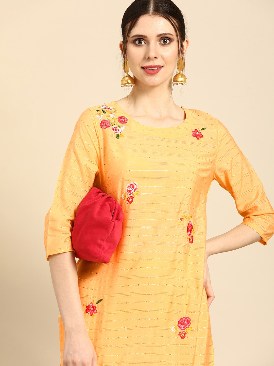 

Anouk Women Mustard Yellow Floral Embroidered Kurta with Trousers