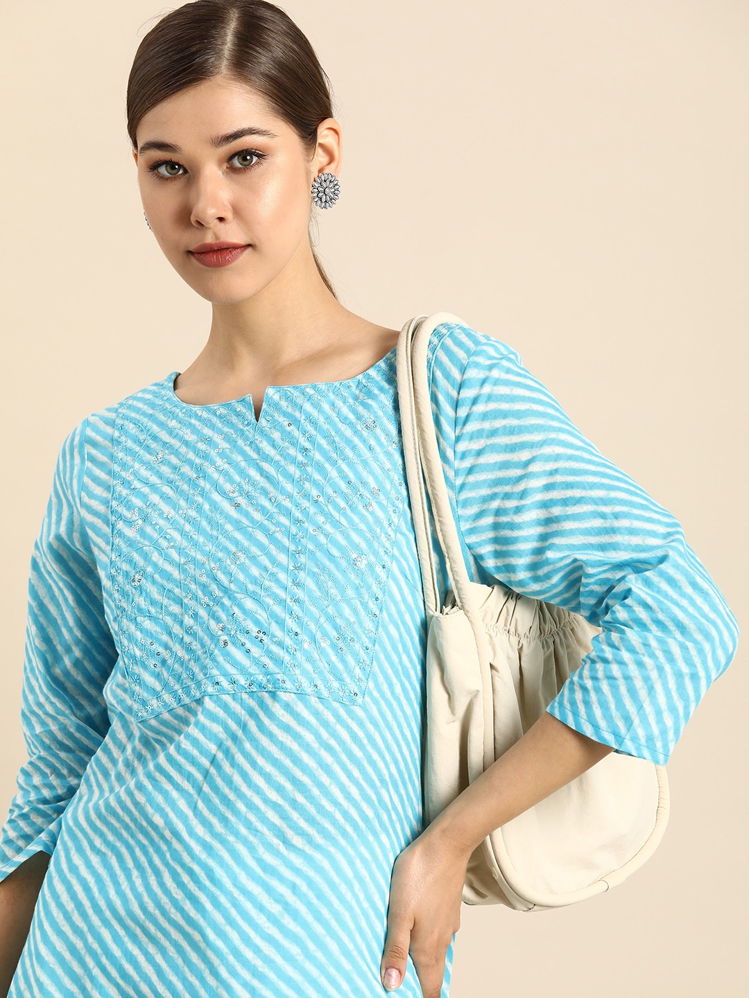 

Anouk Women Aqua Blue & White Leheriya Printed Round-Neck Pure Cotton Straight Kurta