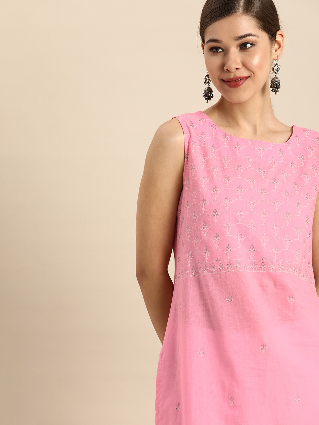 

Anouk Women Pink Yoke Design Embellished Sleeveless Pure Cotton Kurta