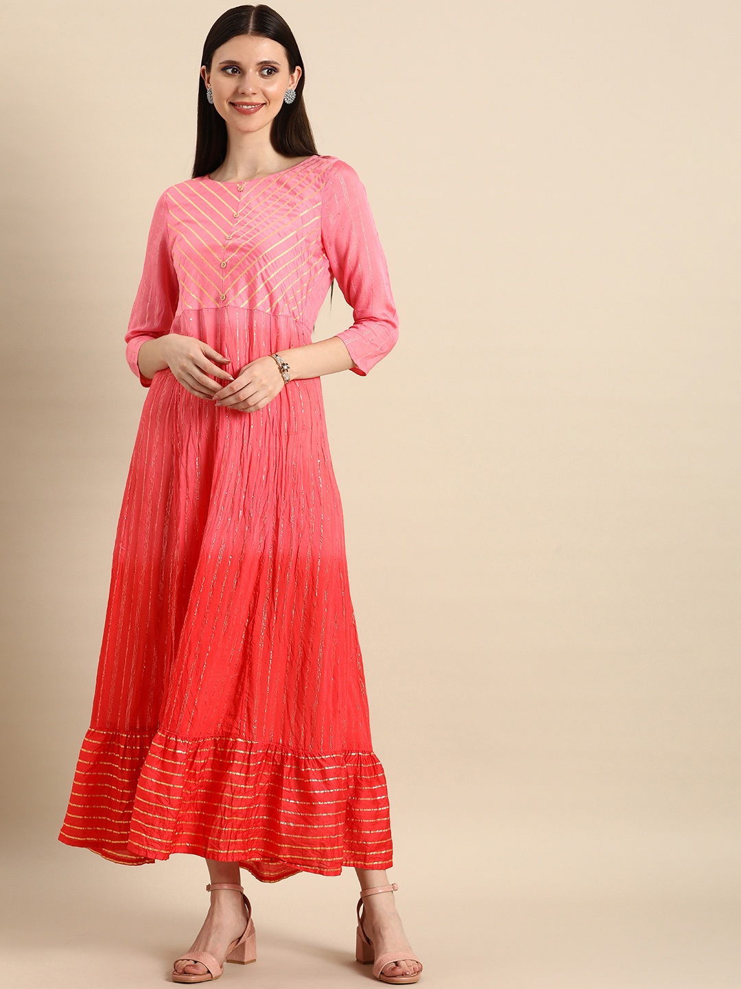 

Anouk Women Pink & Red Striped Ethnic Maxi Dress