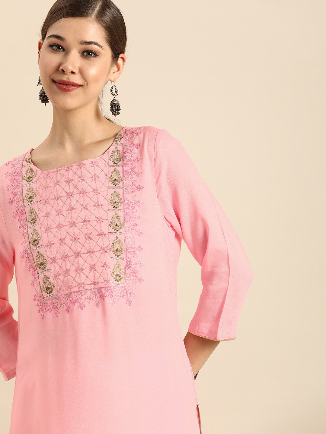 

Anouk Women Peach Pink Yoke Design Embellished Straight Kurta