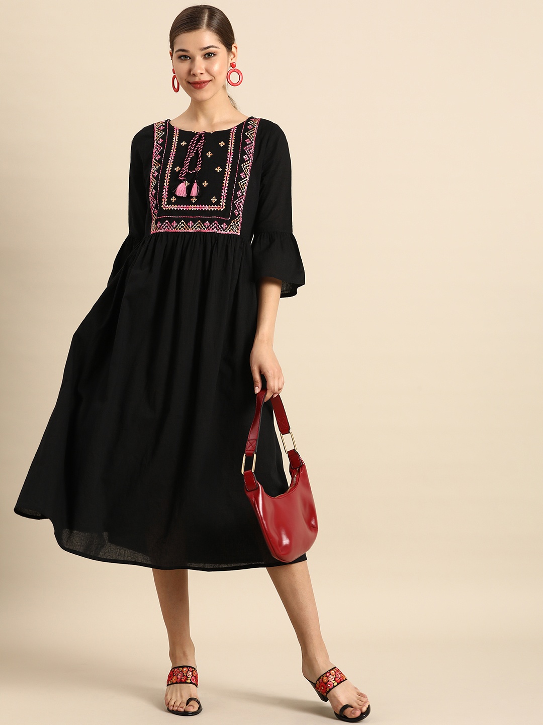 

Anouk Women Black Embroidered Tie-Up Neck Ethnic Bell Sleeves Cotton A-Line Midi Dress