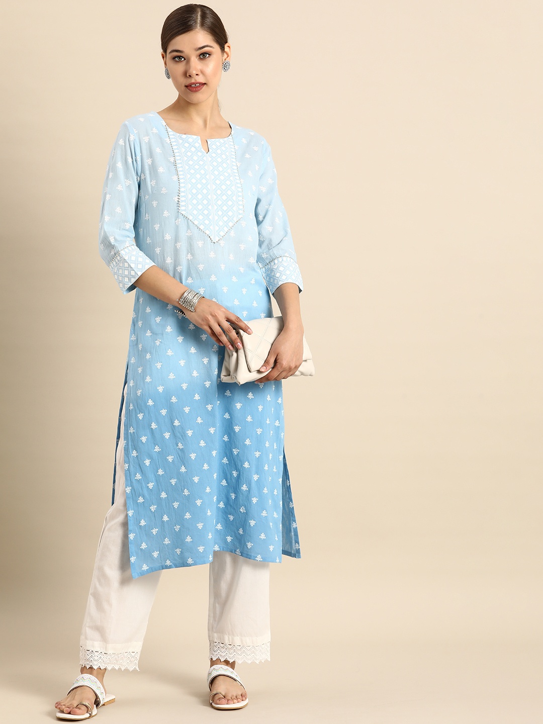 

Anouk Women Light Blue & White Ethnic Motifs Printed Pure Cotton Gotta Patti Kurta