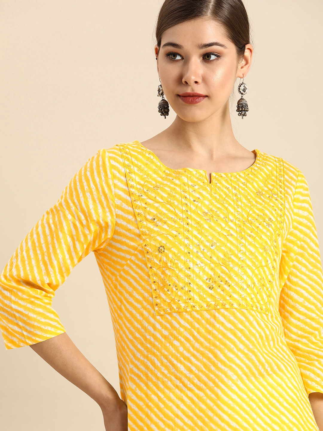 

Anouk Women Yellow & White Leheriya Printed Thread Work Pure Cotton Straight Kurta