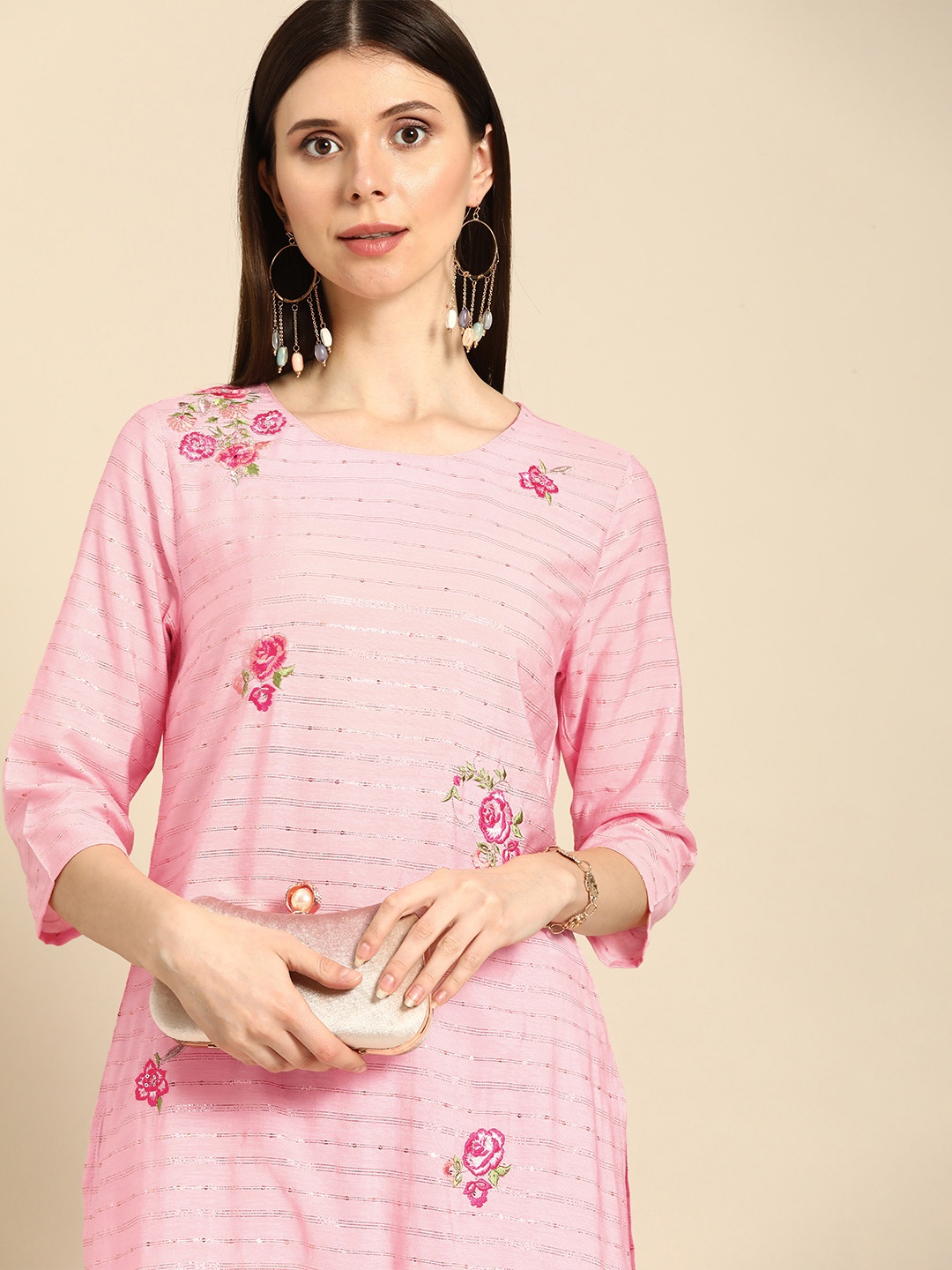 

Anouk Women Pink Floral Embroidered And Striped Thread Work Kurta with Trousers