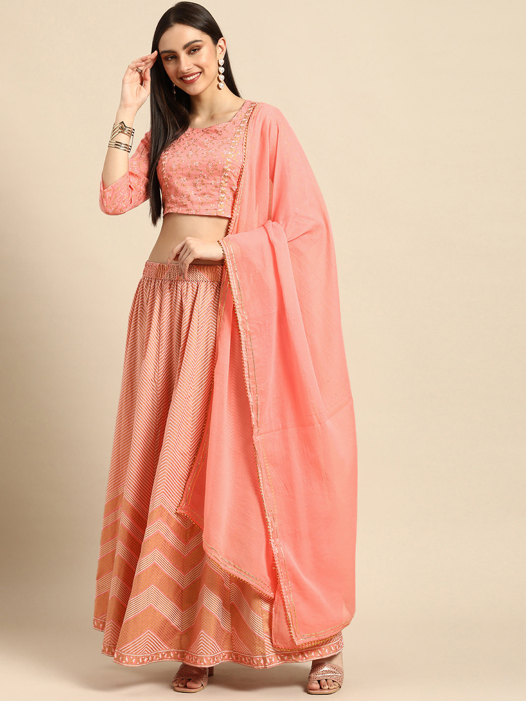 

Anouk Peach-Coloured Printed Ready to Wear Lehenga & Blouse With Dupatta