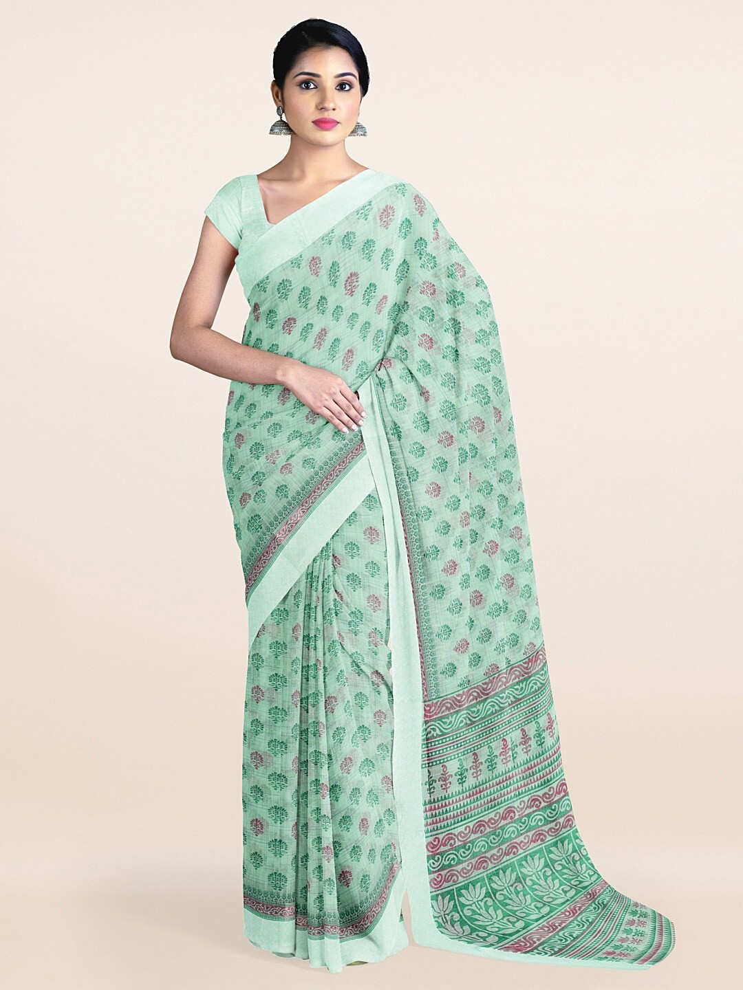 

Pothys Green & Pink Floral Saree