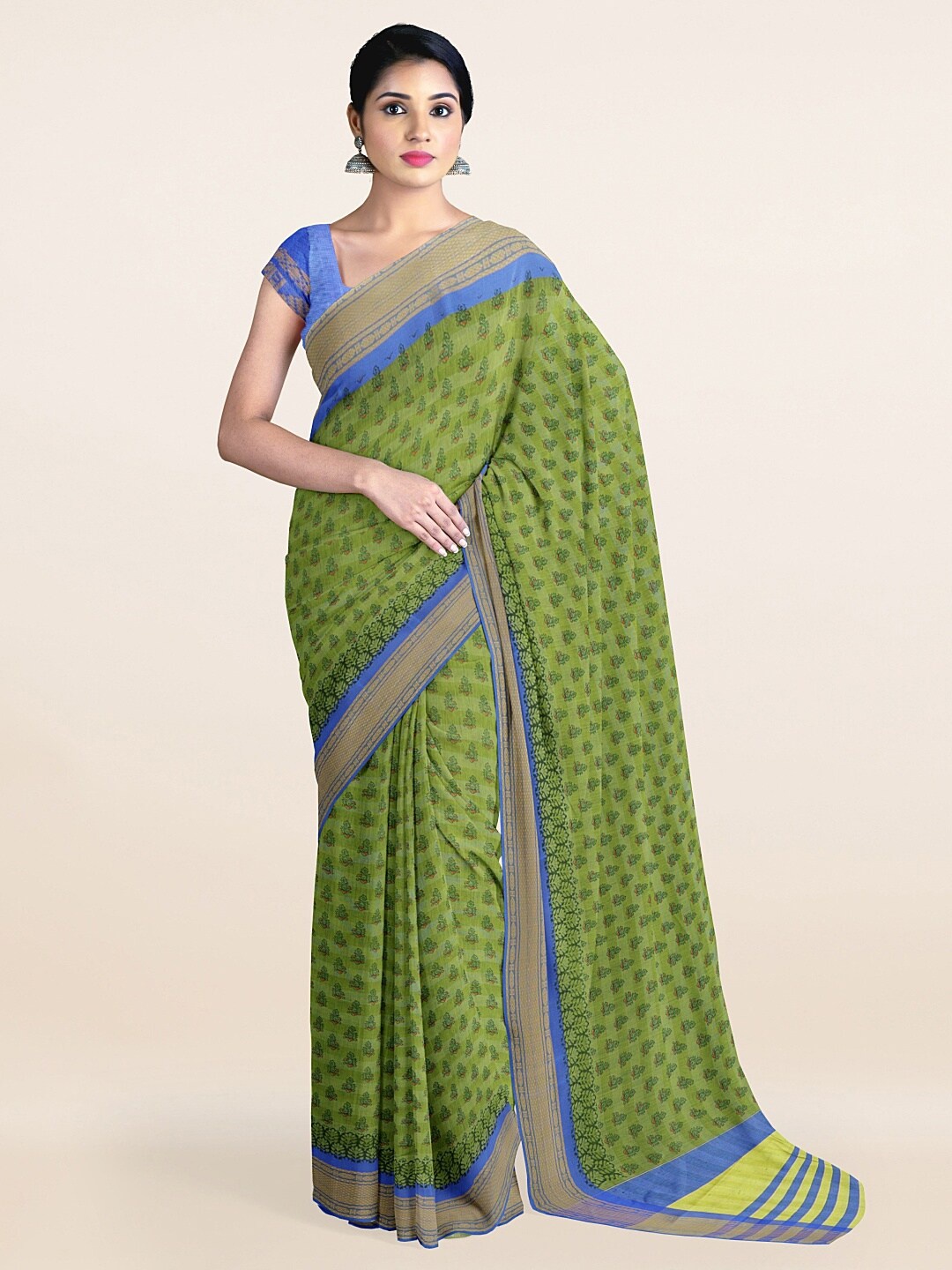 

Pothys Green & Blue Floral Printed Saree