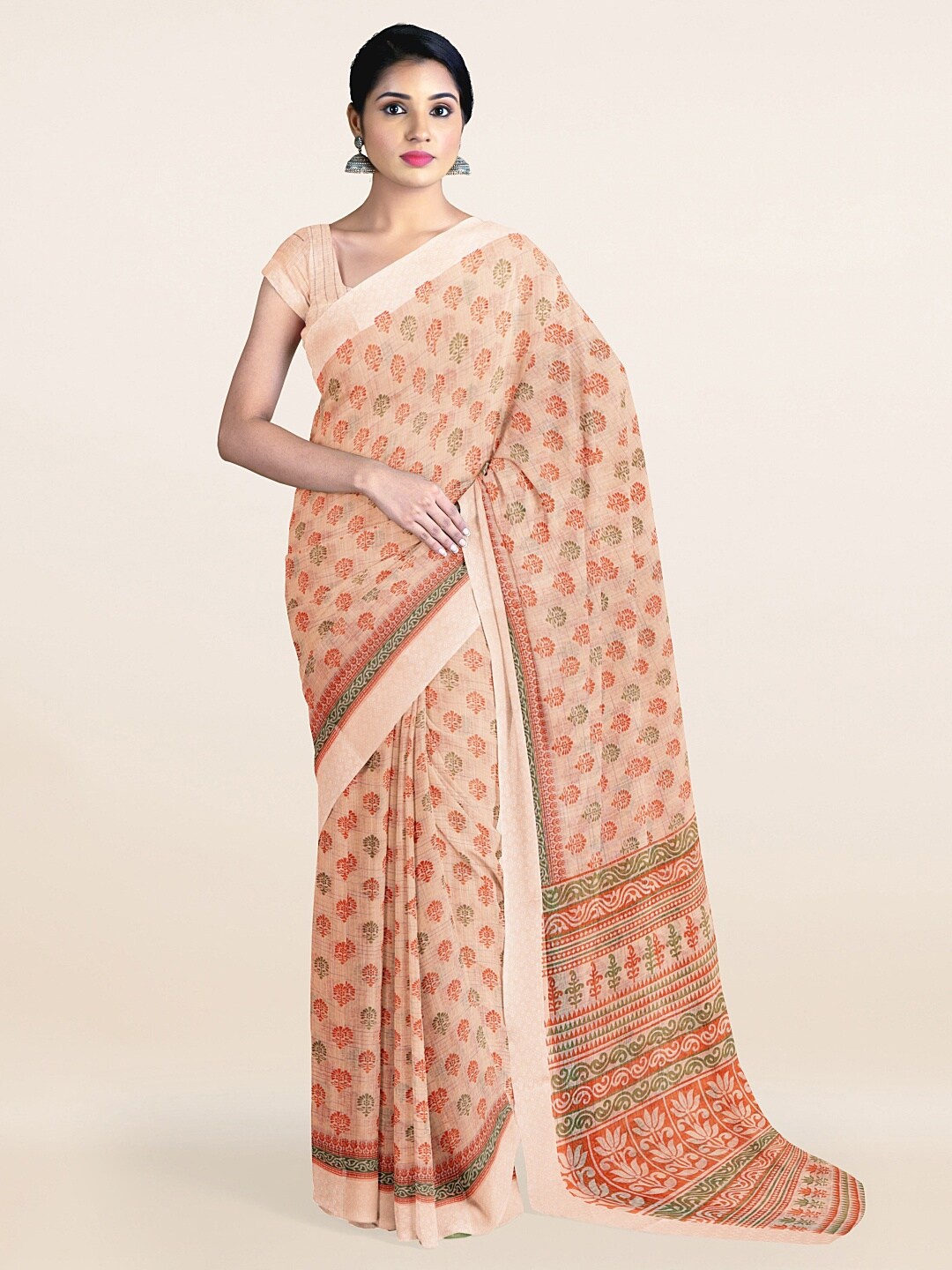 

Pothys Peach-Coloured & Green Floral Printed Saree