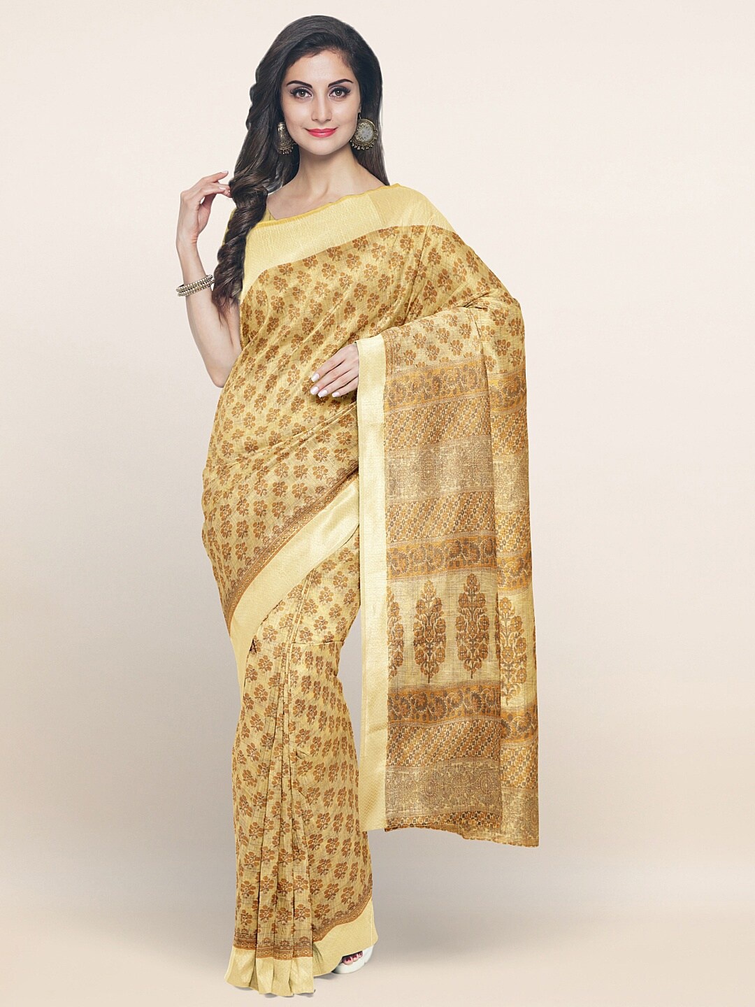 

Pothys Yellow & Brown Floral Printed Zari Border Saree