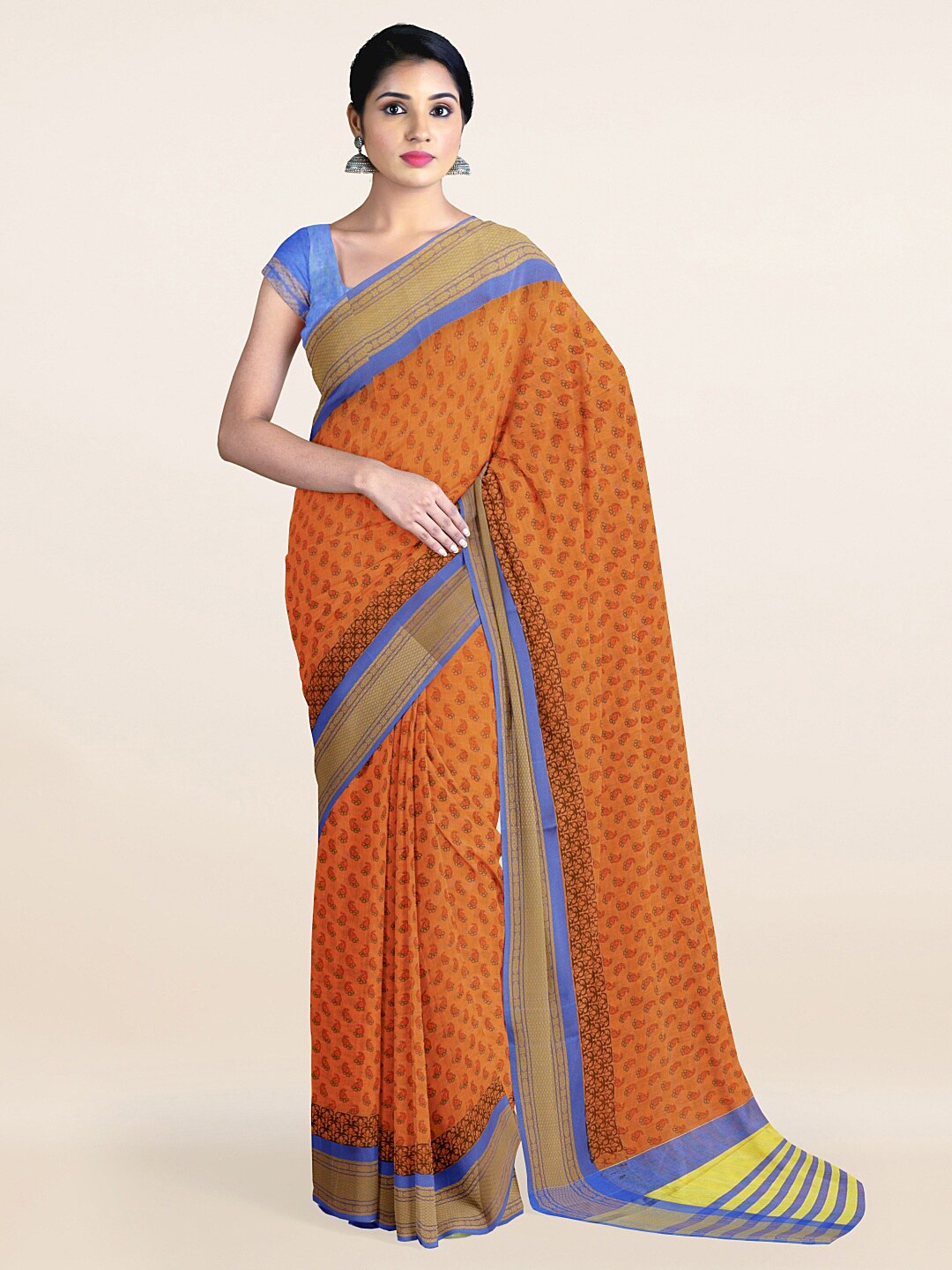 

Pothys Orange & Blue Paisley Printed Zari Saree