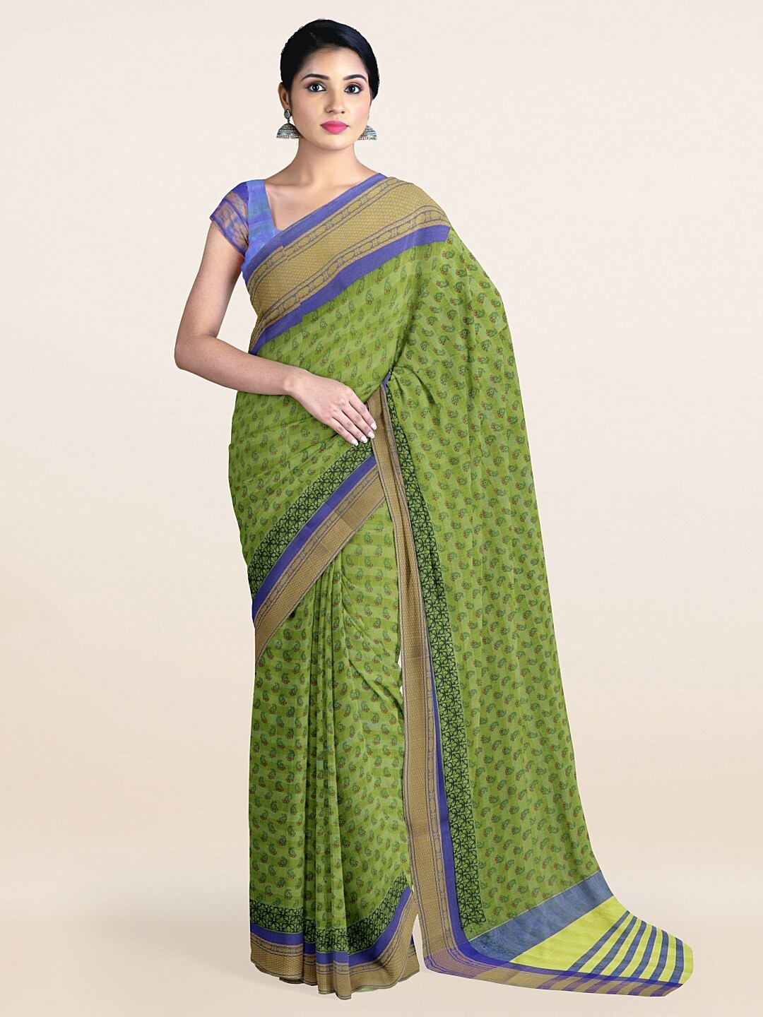 

Pothys Green & Blue Floral Printed Zari Saree