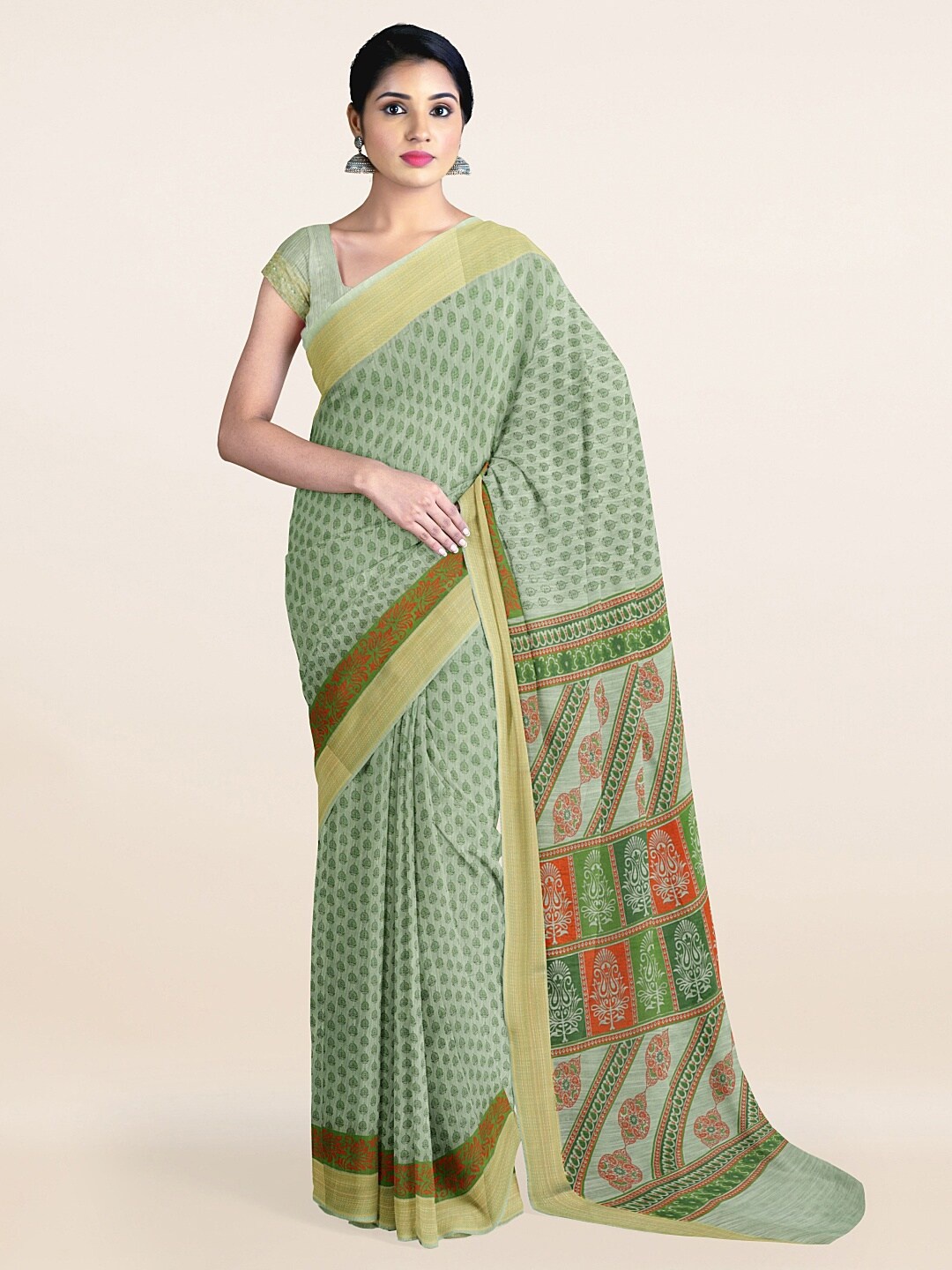 

Pothys Green Floral Printed Cotton Blend Saree