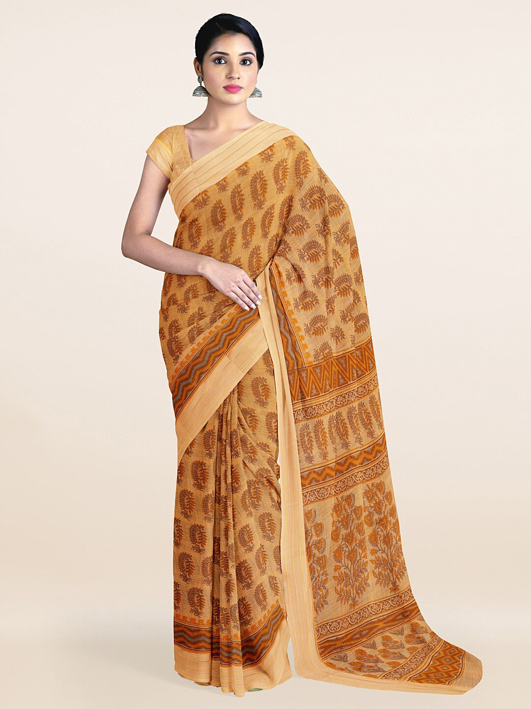 

Pothys Peach-Coloured & Brown Floral Printed Saree