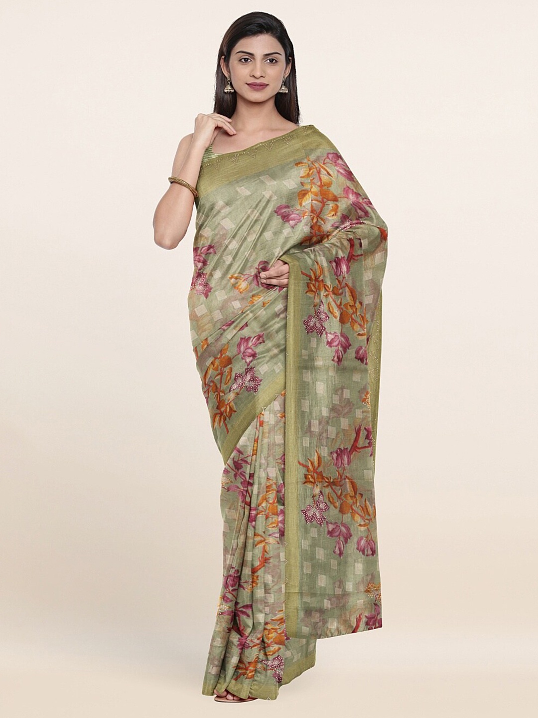 

Pothys Green & Orange Floral Printed Saree