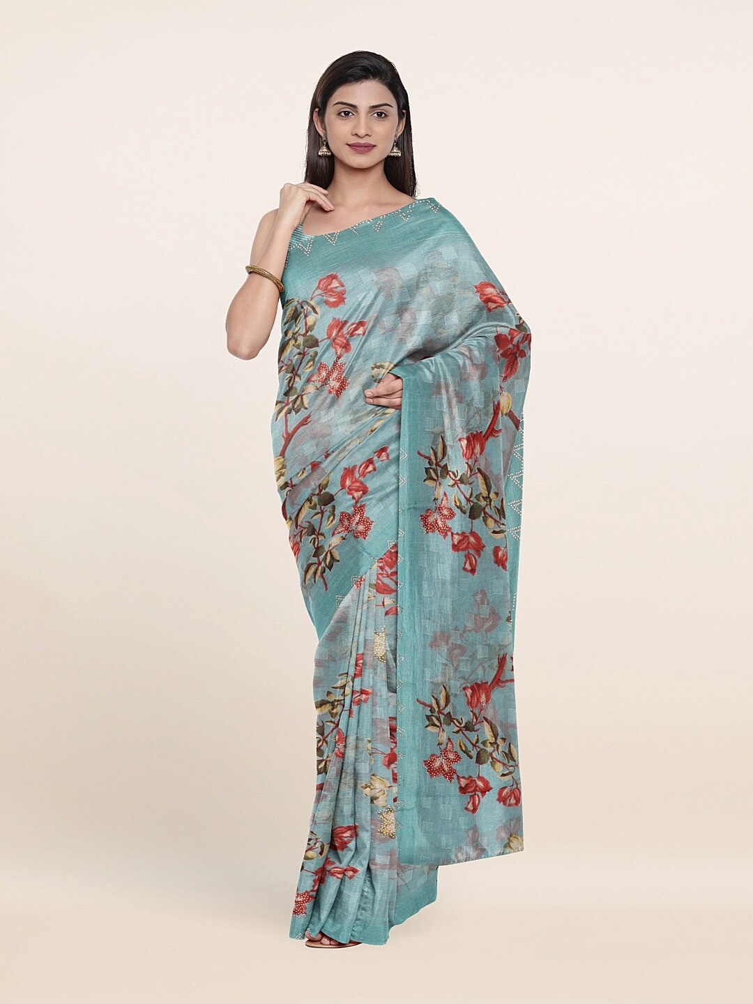 

Pothys Blue & Red Floral Printed Beads and Stones Embellished Saree