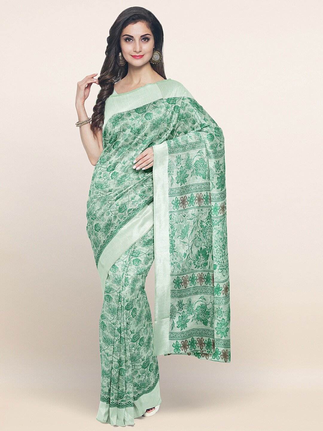 

Pothys Green & Silver-Toned Floral Saree