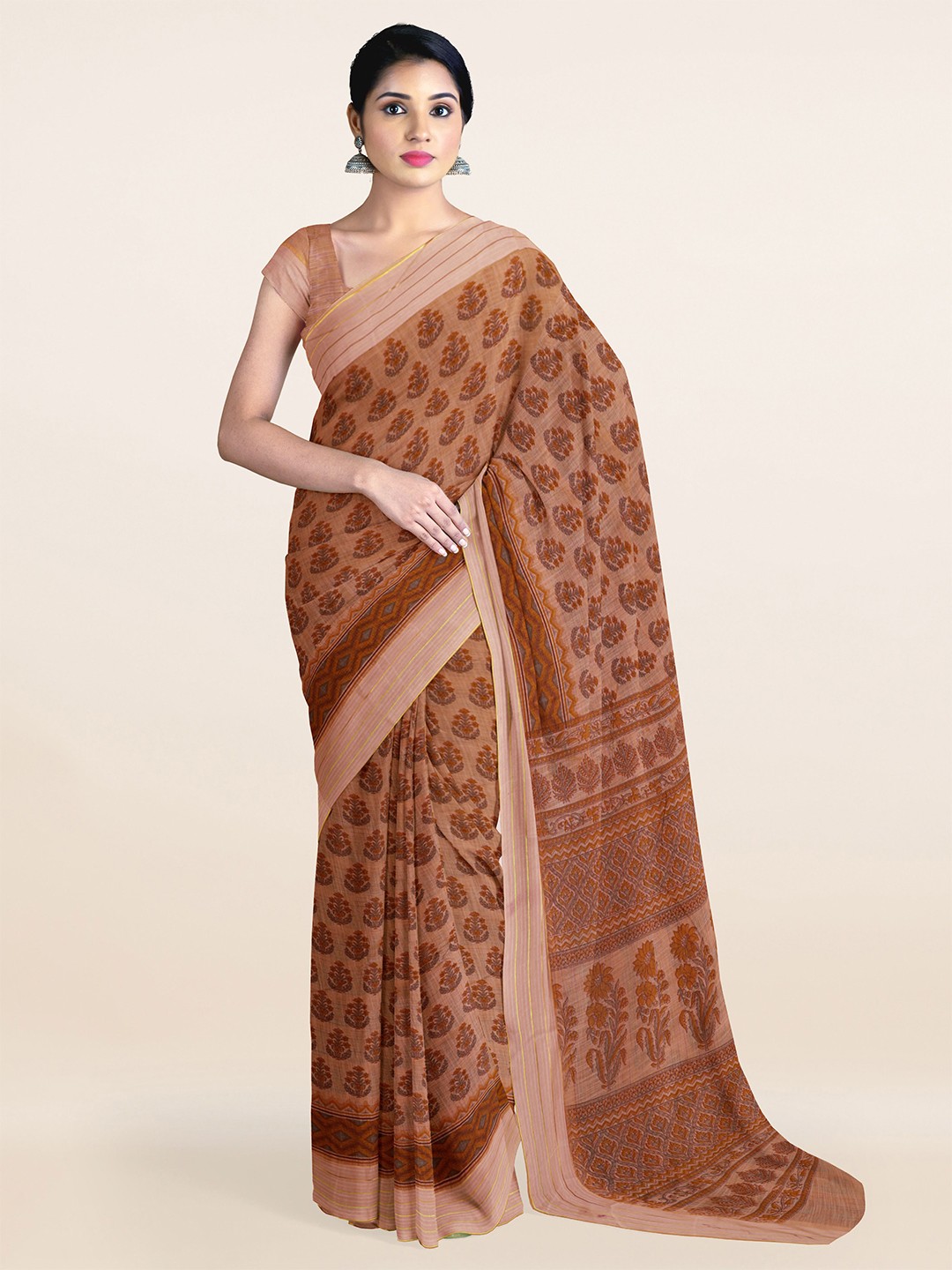 

Pothys Peach-Coloured & Red Floral Printed Saree