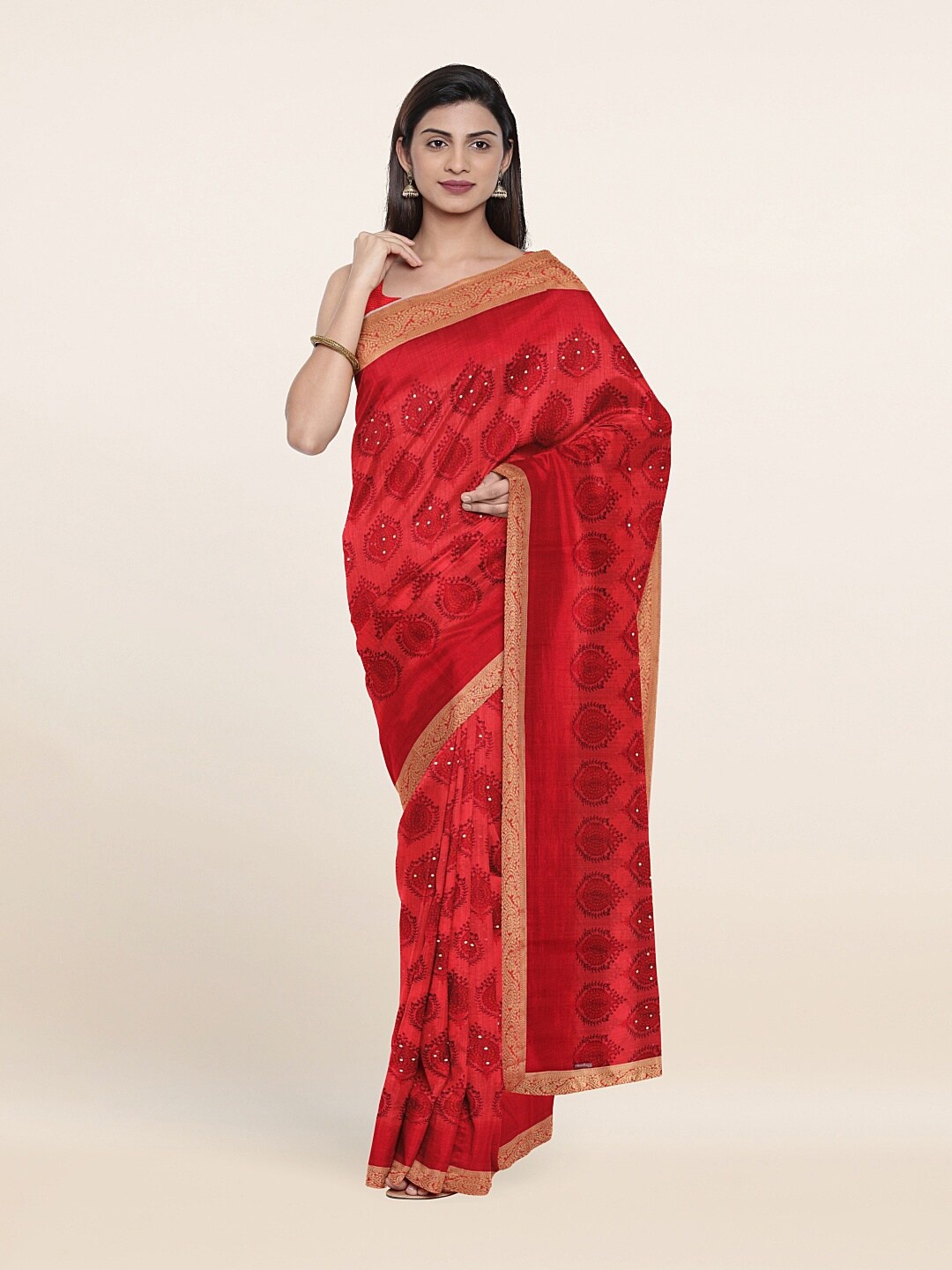 

Pothys Red Ethnic Motifs Printed Zari Saree