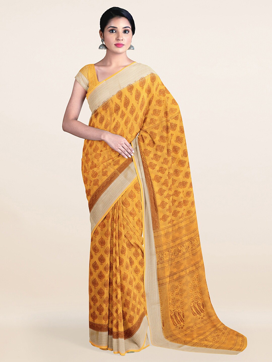 

Pothys Yellow & Brown Ethnic Motifs Printed Zari Saree
