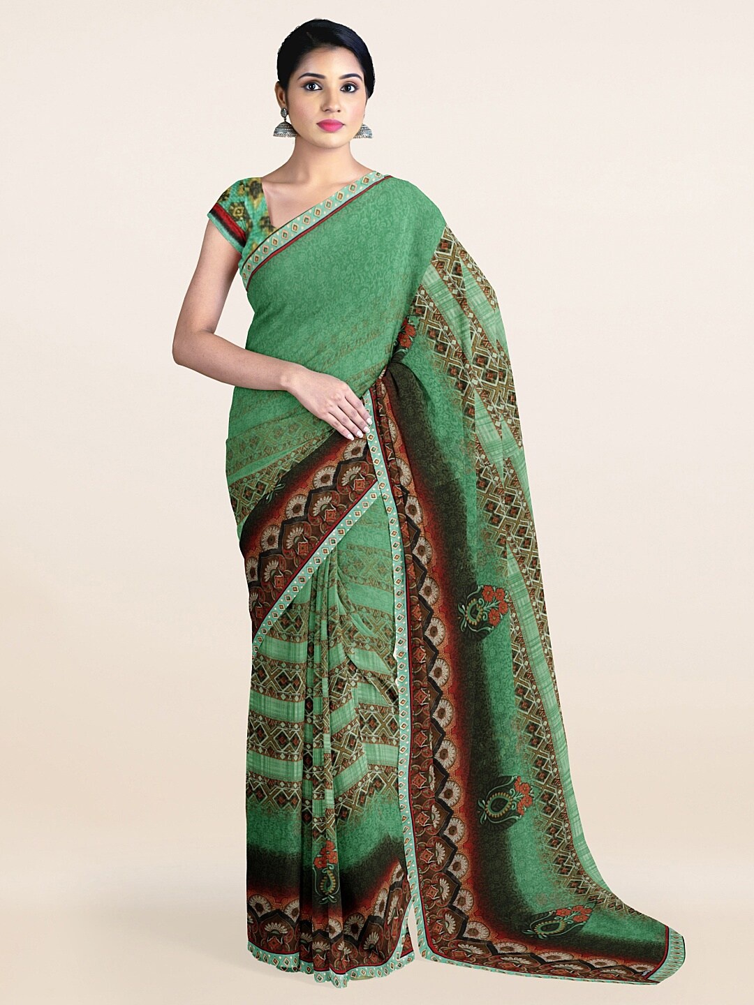 

Pothys Green & Maroon Ethnic Motifs Printed Saree