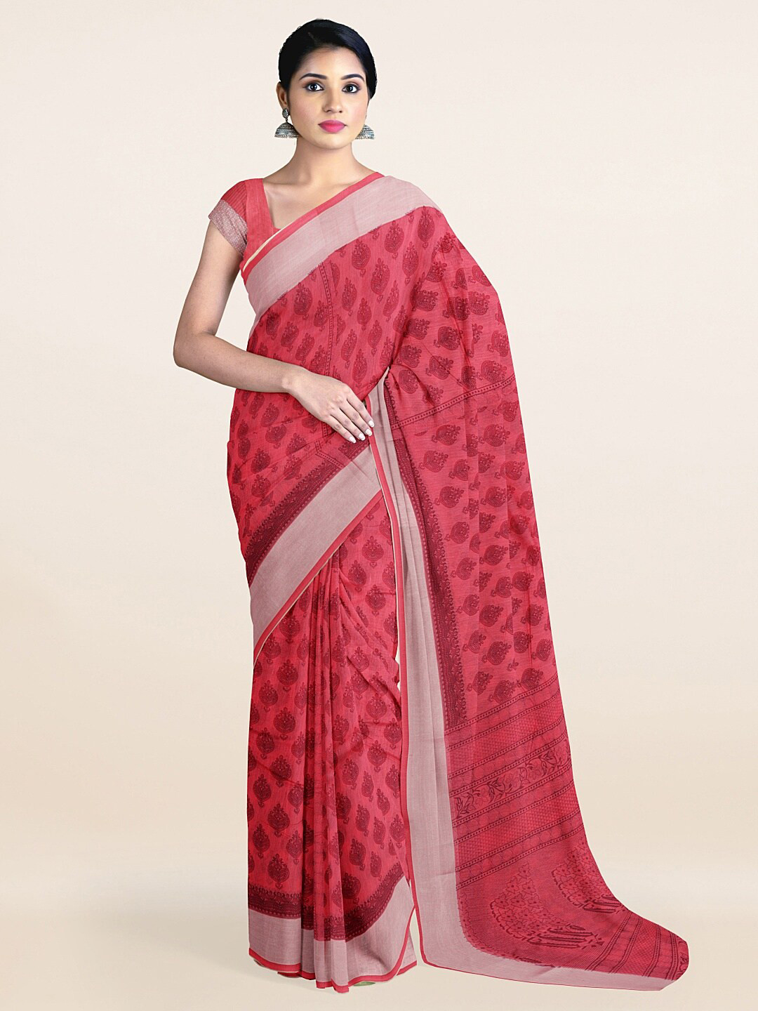 

Pothys Pink & Silver-Toned Ethnic Motifs Printed Zari Saree