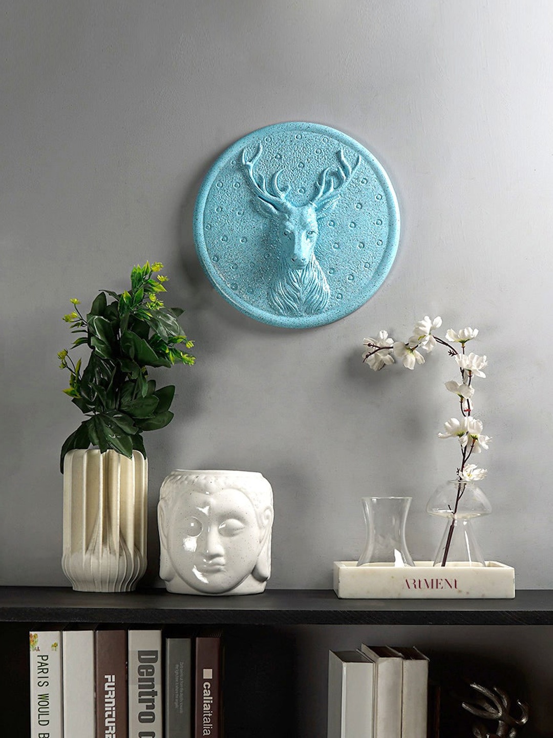 

THE ARTMENT Set of 3 Blue & White Deer Head Wall Decor