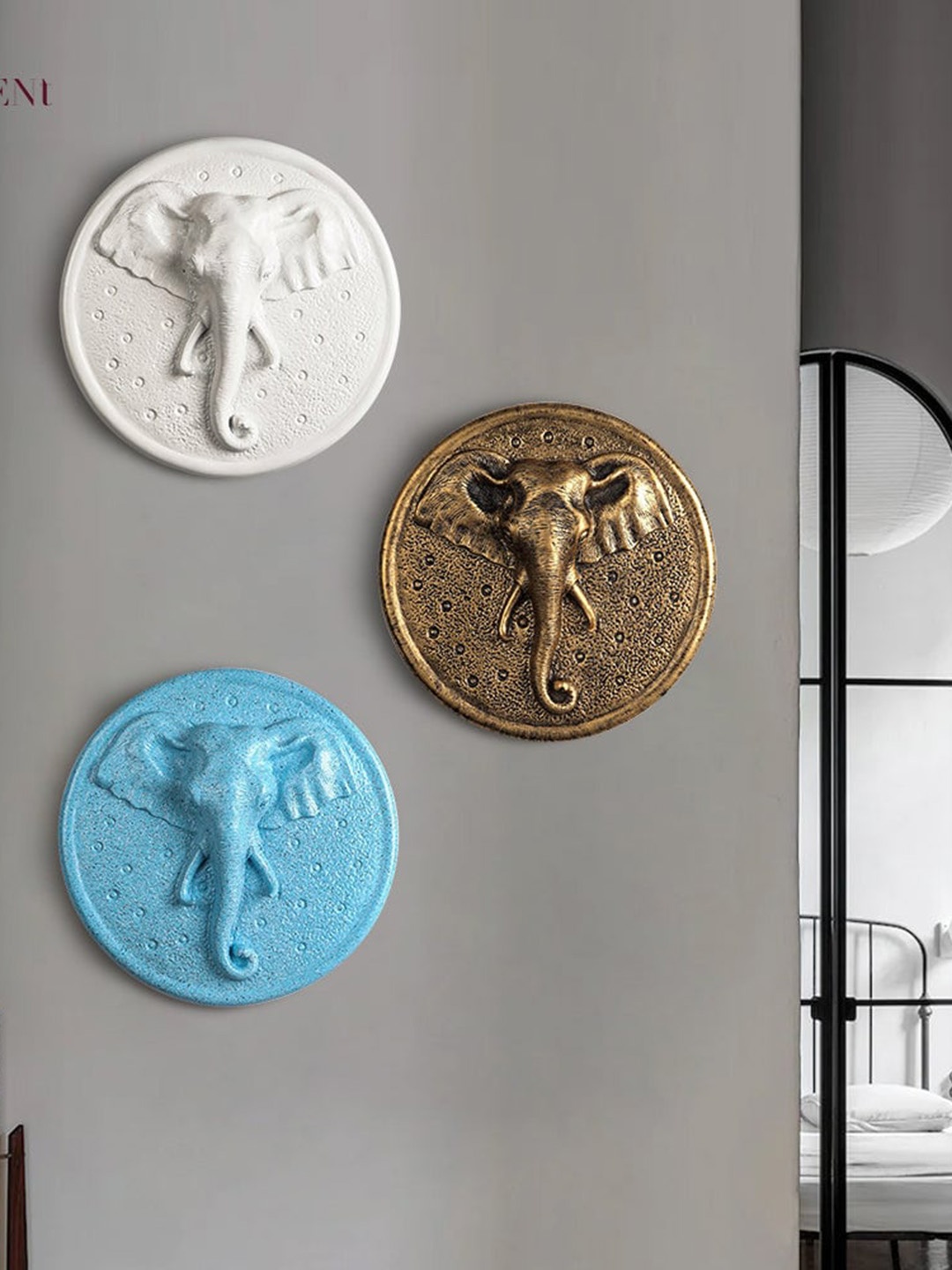

THE ARTMENT Set of 3 White, Blue & Bronze Surreal Elephant Head Wall Art