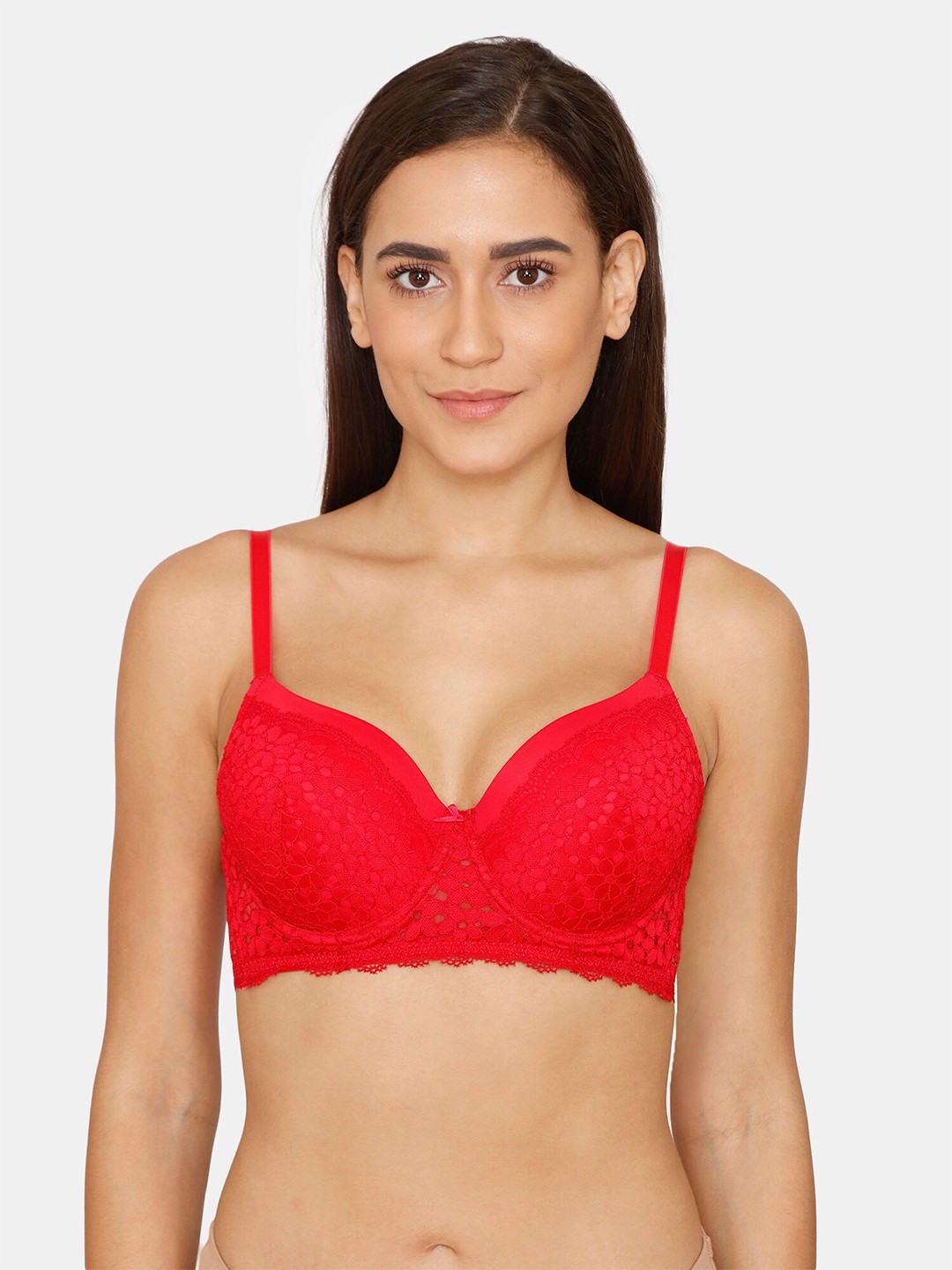 

Zivame Red Floral Lace T-shirt Bra - Underwired Lightly Padded