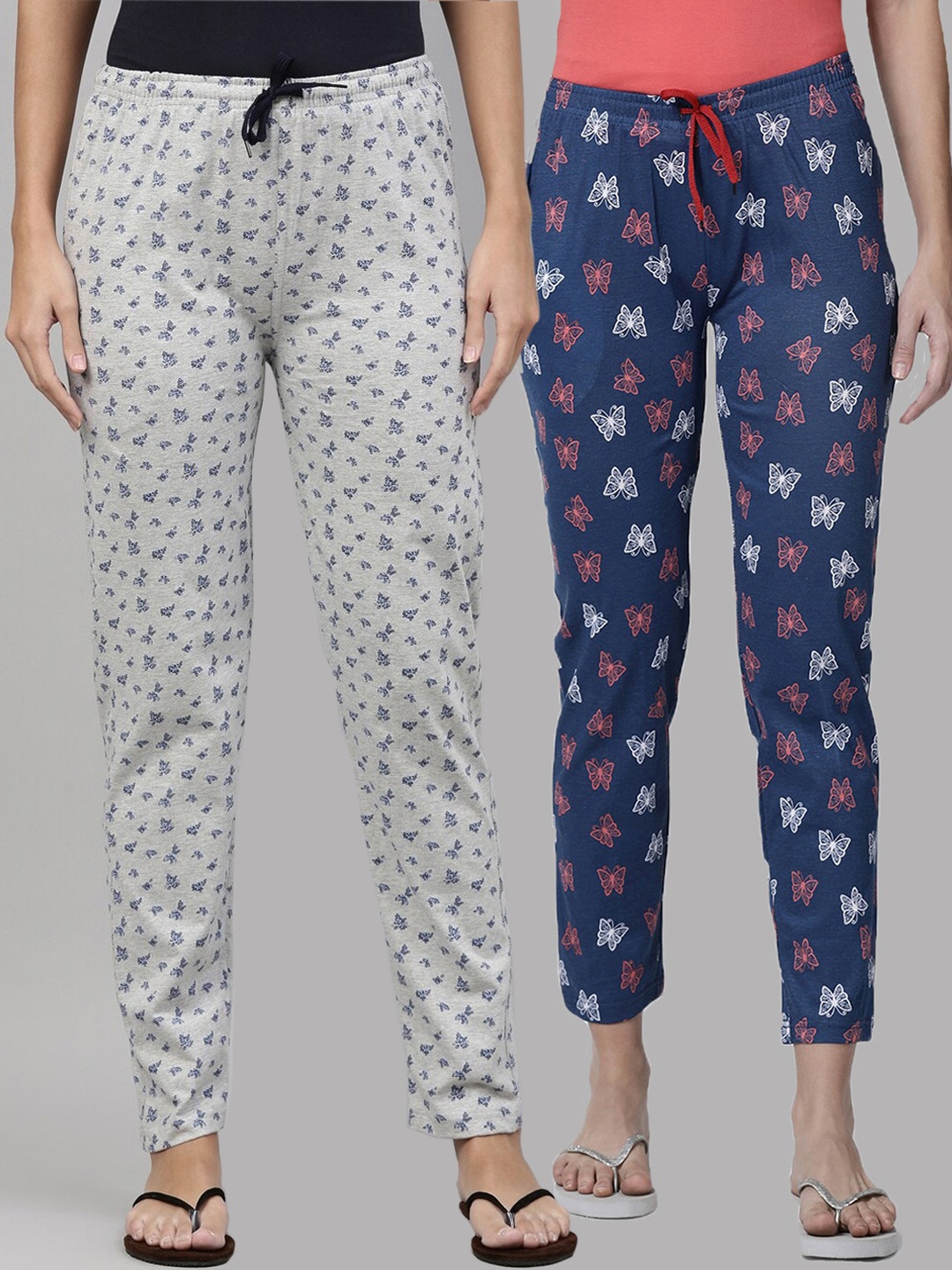 

Kryptic Women Pack of 2 Blue & Grey Printed Mid Rise Cotton Lounge Pants