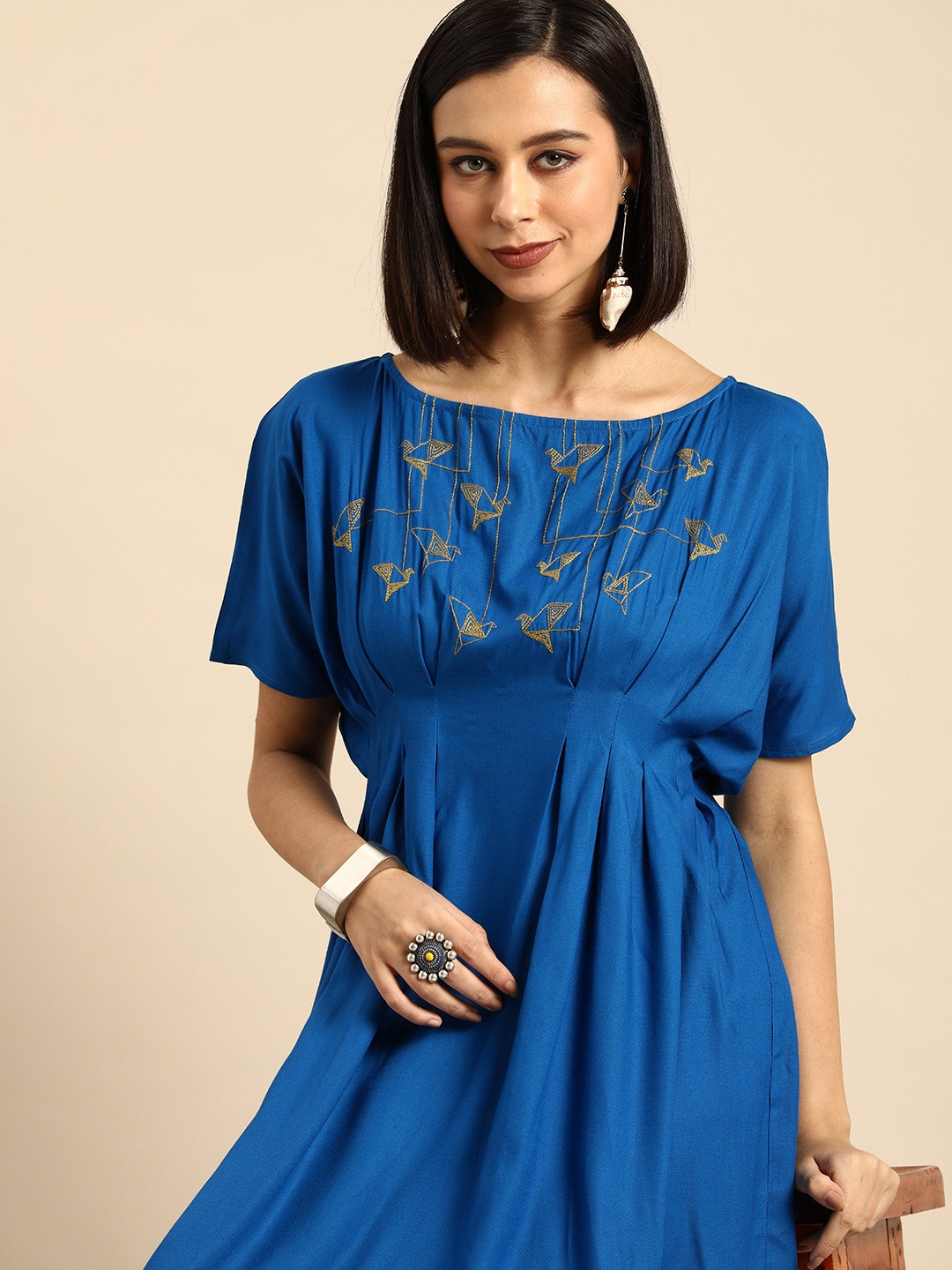 

Anouk Women Blue & Yellow Quirky Embroidered Flared Sleeves Thread-Work Empire Kurta