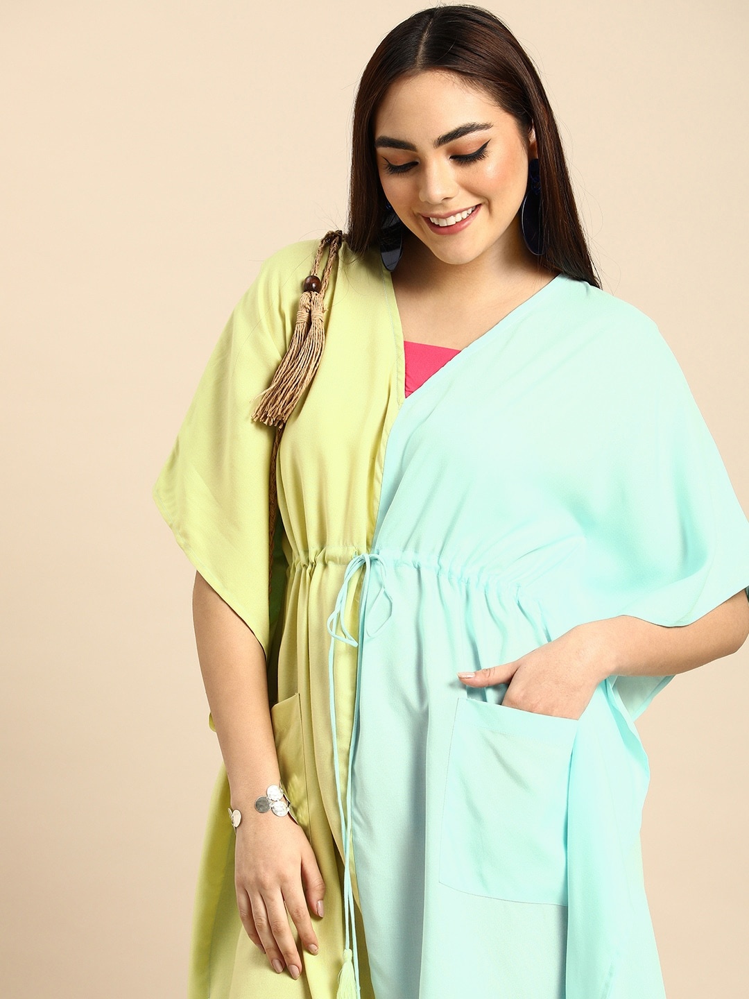 

Anouk Women Yellow & Blue Colourblocked Kaftan Kurta