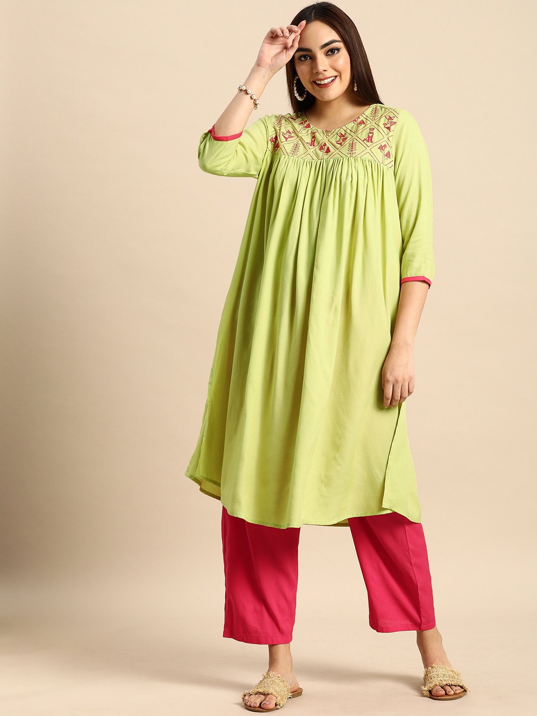 

Anouk Women Lime Green Ethnic Motifs Embroidered Empire Thread Work Kurta with Trousers